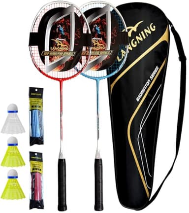 LANGNING badmintonschläger Set 2, Federballschläger 24Lbs Nur 85g, hohe Qualität Profi Carbon der gesamte Schläger ist aus Kohlefaser (Rot+Blau)