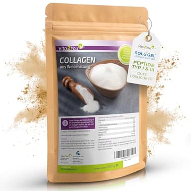 Vita2You Collagen Pulver 1kg - Bioaktives Kollagen - 100% Solugel® - aus Weidehaltung - Hydrolysat Peptide Typ 1 und 3 - Eiweiss -1000g - Premium Qualität