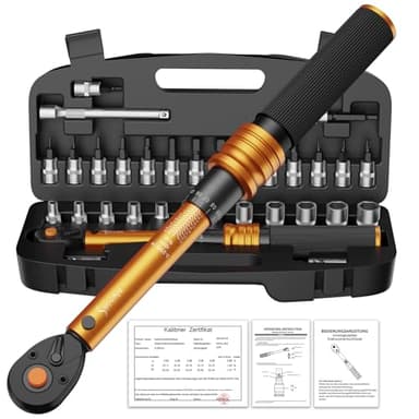 Drehmomentschlüssel Fahrrad 1/4 Zoll, 3-25 Nm, ±3% Fehlergenauigkeit, 72 Zähne Ratsche, 33TLG Torque Wrench Set für Motorrad und Bike, inklusive Verlängerungsstangen, 1/4"- 3/8" Adapter, Stecknüsse