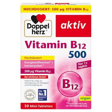 Doppelherz Vitamin B12 500 - Hochdosiert mit 500 µg Vitamin B12 pro Tablette - vegan - 30 Mini-Tabletten