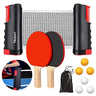 FBSPORT Tischtennis Set Profi für Tisch mit 2 Tischtennisschläger + Einziehbarem Netz + 6 Tischtennis-Bälle + 1 Tragetasche, Table Tennis Set für Erwachsene Familien Indoor Outdoor