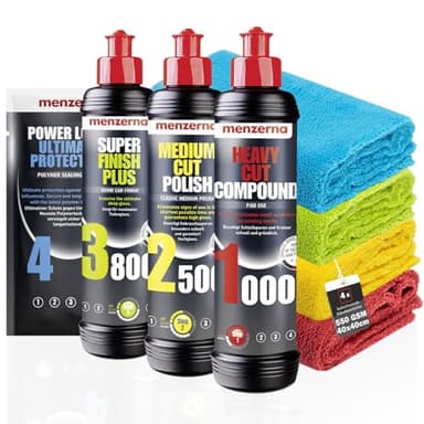 Menzerna Auto Polituren Set: Heavy Cut Compound 1000 + Medium Cut Polish 2500 + Super Finish Plus 3800 + Power Lock Sachet 20ml + 4X Mikrofasertuch