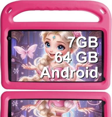 GOODTEL Tablet Android | 7 GB RAM + 64 GB ROM | 7-Zoll-Tablet | WLAN, Bluetooth 5.0, GPS, Bildung + Spiele, Doppelkamera, sicherung, mit Eva-Hülle – Rosa