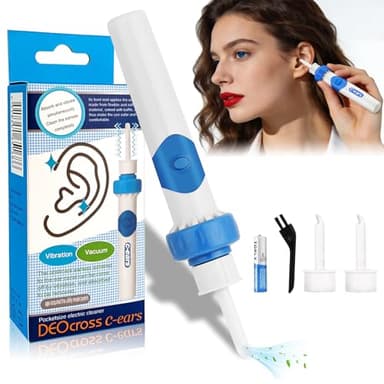 Ohrenschmalz Entferner Sauger,Vibrations-Vakuum-Oroclear Ohrenschmalz-Sauger mit Doppelwirkung, mit 2 waschbaren Ersatzköpfen und Batterie,geeignet für Erwachsene und Kinder-Blau