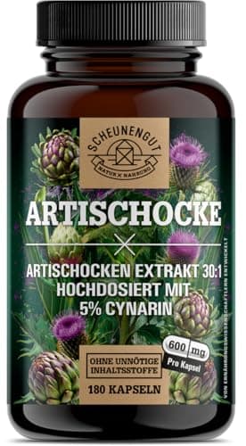 Artischocken Kapseln Hochdosiert 2400mg -WICHTIG: 30:1 Extrakt (=72000mg reine Artischocke je Tagesdosis) PLUS 5% Cynarin -Artischockenextrakt- Artischocken Kapseln DE SCHEUNENGUT®