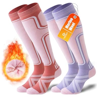 Cirorld 2 Paar Skisocken aus Merinowolle für Damen Herren, Wärmende Wolle Thermosocken Dicke Wintersocken für Kaltes Wetter, Schnee, Skifahren, Snowboarden, Rosa&Violett 35-38