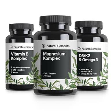natural elements Essentials Set - Magnesium Komplex, Vitamin B Komplex, D3 K2 & Omega 3 Kapseln - hochdosiert, ohne unnötige Zusätze - für deinen Alltag