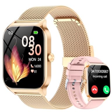 CASCHO Smartwatch Damen mit Telefonfunktion, 1.85" HD Uhren mit Herzfrequenz SpO2 Schlafmonitor Schrittzähler, 120+ Sportmodi Fitnessuhr, Goldfarben und Hellrosa