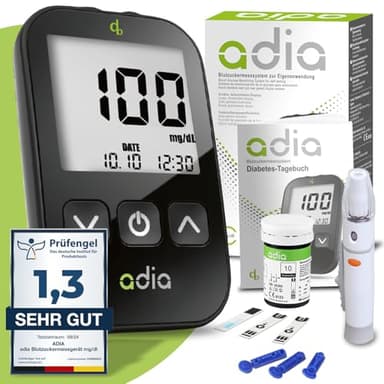 adia Blutzuckermessgerät (mg/dL) inkl. 10 Teststreifen, 10 Lanzetten, 1 Stechhilfe. 1 Etui, für Diabetiker zur Selbstkontrolle des Blutzuckers bei Diabetes