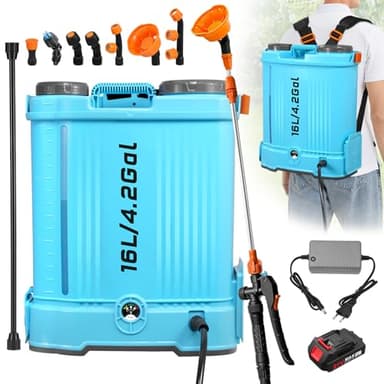 Lightasea Akku Drucksprüher,Elektrische Gartenspritze 16L,mit 7 Nebeldüsen,Ladegerät,Teleskopstab,Verstellbarem Schultergurt,0-100 PSI Einstellbar,für Gartenpflege und Rasen