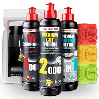 Menzerna Autopolitur Set | Heavy Cut Compound 1000 + Medium Cut Politur 2000 + Power Protect Ultra 2in1 Lackversiegelung + 3 Poliertücher | Auto Polierset