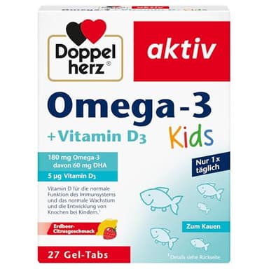 Doppelherz Omega-3 + D3 Kids - Vitamin D wird für ein gesundes Wachstum & eine gesunde Entwicklung der Knochen bei Kindern benötigt - 27 Gel-Tabs