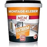 MEM Montage-Kleber Extrem, Pastöser Dispersionsklebstoff, Hohe Anfangshaftung und Endfestigkeit, Für verschiedene Untergründe, Lösemittelfrei, Inklusive Spachtel, 1 kg-Dose, Weiß