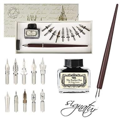 hhhouu Schönschreibfüller Holzstift Handgefertigtes Kalligraphie Set Anfänger mit Tinte und 11 Federn für Kunst, Schreiben, Unterschriften, Dekoration, Geschenk HO-Q-301