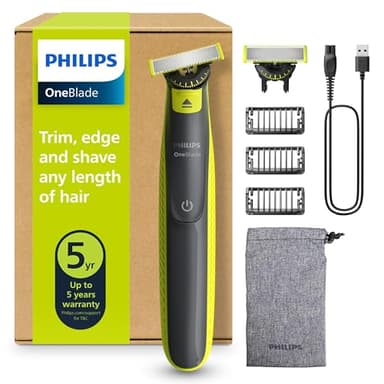 PHILIPS OneBlade 360 Face - elektrischer Rasierer & Trimmer, 2x 360 Klingen, 3x Trimmaufsätze (1/3/5mm), Nass- & Trockenrasur, Akku-USB, fürs Gesicht (QP2724/31)