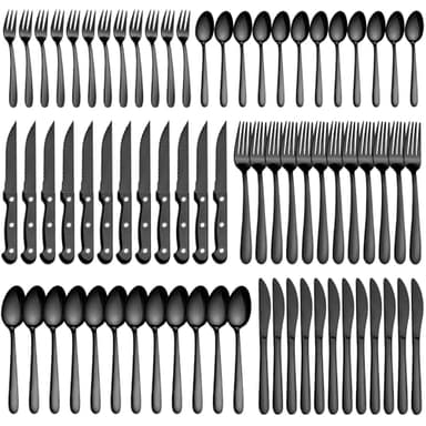 Besteck Set 12 Personen, Pleafind 72-teiliges schwarzes Besteck, Edelstahl BesteckSet mit Steakmesser, Besteck Set, inkl. Gabeln, Löffel, Messer, spülmaschinenfestes
