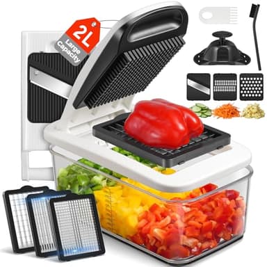 Gemüseschneider, Sopito Gemüsehobel mit 6 Klingen, 2 Liter großer Behälter, Handschutz und schnittfeste Handschuhe, Mandoline Gemüsehobel, Vegetable Chopper