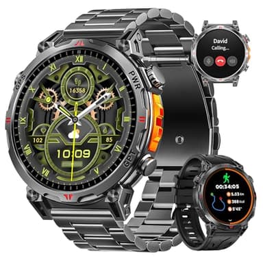 Rmana Militär Smartwatch Herren, GPS Sportuhr mit 1,6-Zoll AMOLED-HD-Display,Telefoniefunktion/ChatGPT/AI/5 GPS-Sportmodi/100+ Sportmodi Fitnessuhr für Android iOS ((Schwarzer Stahlgürtel))