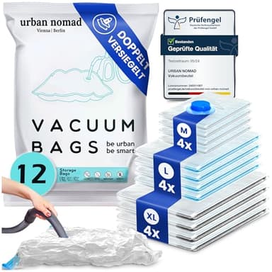 Vakuumbeutel Kleidung 12er Set 3 Größen - Vakuum Beutel für Staubsauger Wiederverwendbar 100% Dicht & Robust | Reise Kompressionsbeutel Kleiderbeutel Aufbewahrungsbeutel Vakuumtüten Kleidersack XL