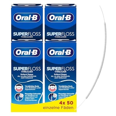 Oral B Superfloss Zahnseide, Entfernt Plaque & Zahnstein, Verstärktes Ende oder Flauschige Mitte für enge und weite Räume, Zur Reinigung von Zahnspangen und Apparaturen,4x50 vorgeschnittene Fäden,Blau