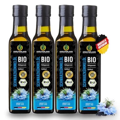 Kräuterland Bio Schwarzkümmelöl 4x250ml (1Liter), gefiltert, naturrein ohne Zusatzstoffe, hoher Thymoquinone, kaltgepresst, mild, glasflasche, mühlenfrisch direkt aus unsrer hessischen Ölmühle