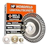 NORDFELD Profi Unkrautbürste für Freischneider mit 25,4mm Bohrung - Hochwertige Wildkrautbürste für Motorsense - Effektive Moosentfernung mit Installationswerkzeug