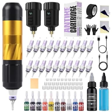 Tattoo Maschine Set Kabellos mit 2stk 1500mAh LED-Digitalanzeige Tattoo Akku 20stk Tattoo Nadeln 11 Tattoo Farbe,Tattoo Starter Set Komplett für Anfänger und Tattoo Künstler