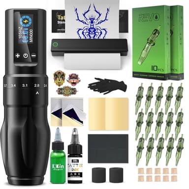 INKin Tattoo Maschine Set, Kabelloser Tätowiermaschine mit 2.0-4.0mm Hublänge und 1600mAh Batterien, Tattoo Zubehör Set Komplett mit Tattoo Drucker Bluetooth,Stencil Stuff,Tattoo Farbe und Nadeln