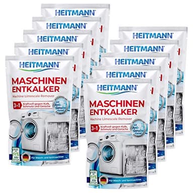 Heitmann Maschinen Entkalker für Waschmaschinen und Geschirrspüler: hochwirksame Entkalkung mit 1 Durchlauf, Reiniger gegen Kalkablagerungen und unangenehme Gerüche 10 x 175g