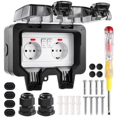 Aussensteckdose Wasserdicht IP66 Outdoor Steckdose mit Schalter Kontrollleuchte, 3680W Wetterfest Außensteckdose Aufputz Wand Garten Steckdose mit Klappdeckel inklusive Gärten Schwimmbad Aussenbereich