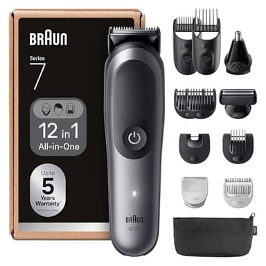 Braun All-in-One Series 7, 12-in-1 Multigroom, Barttrimmer, Nasenhaartrimmer, Haarschneidemaschine für Gesicht, Kopf und Körper, 120 Min Akku, 14 Längen (0.1–21 mm), Wasserdicht, AIO7545, Grau