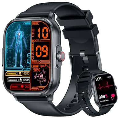 Smartwatch Herren mit EKG+HRV 𝐁𝐥𝐮𝐭𝐳𝐮𝐜𝐤𝐞𝐫 Blutdruck: Uhr Smartwatch Gesundheitsuhr Wasserdicht Fitnessuhr 𝐄𝐂𝐆 Herzfrequenz Telefonfunktion 2.0" TFT Eckig Großes Display Armbanduhr Schwarz