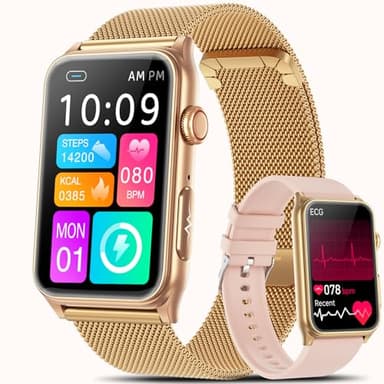 2026 Neu Smartwatch Damen mit EKG/ΒΙυtｚυcker/ΒΙutdruck/BMI/HRV/Harnsäure,1,57"Gesundheitsuhr Fitness mit Telefonfunktion 24H Pulsuhr SpO2 Schlaf/Apnoe-Monitor Menstruationszyklus Uhr für iOS/Android