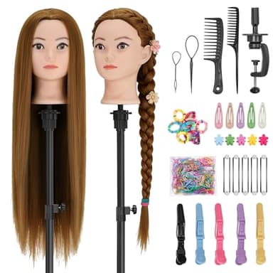 TwoWin Friseurkopf Echthaar mit Ohrlöchern, 71 cm (28 Zoll) 100% Synthetischer Mannequin Frisierkopf, Trainingskopf für Friseure für Styling & Friseurpraxis mit DIY Haare Frisuren Set (Braun)