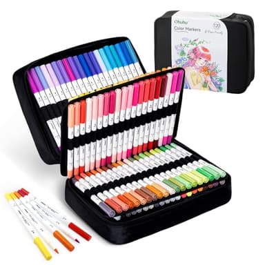 Ohuhu 120 Farben Filzstifte - Papierfreundliche Marker auf Wasserbasis, Doppelspitzige Filzstifte Set für Erwachsene, Anfänger, Kalligraphie Skizze Journal, Geruchlos & Nicht Blutend