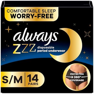 Always Zzzs Overnight Einweg-Periodenunterwäsche für Damen, Größe S/M, Black Period Panty, auslaufsicher, 7 Stück x 2 Packungen (14 Count insgesamt)