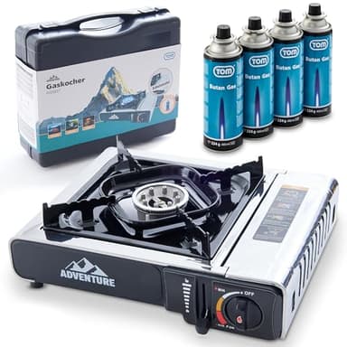 TOM Adventure Edelstahl Camping-Gaskocher mit 4 x Gaskartuschen und Koffer im Set – Piezo-Zündung – Campingkocher mit Gaskochfeld (1 flammig) – Kochplatte für Camper & Outdoor Personen campingkocher