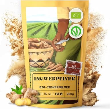 NaturaleBio Ingwerpulver Bio 200g. Ingwer Shot Pulver, 100% reine, Ingwerwurzel gemahlen. Ohne Gentechnik, ohne Zusätze, nachhaltig aus Peru. Ideal für Kochen, Tees, Smoothies & Wellnessbehandlungen