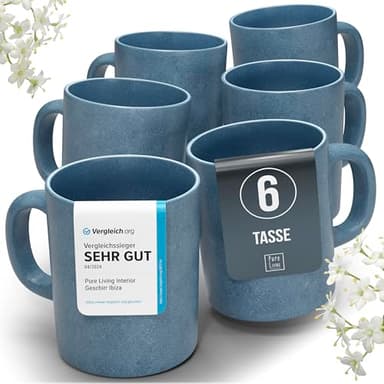 Steingut Kaffeetassen 6 Pers. Hochwertiges Urban Style TEST SEHR GUT Tassen Set, Spülmaschinen-, Mikrowellen- und Kratzfest- Stylisches Tee- und Kaffeebecher Set- Pure Living in matt Blau