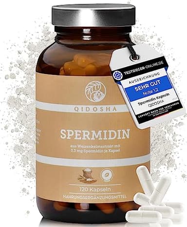 QIDOSHA® Spermidin Kapseln hochdosiert, TESTSIEGER 07/23*, 3,3 mg Spermidin je Kapsel, 120 Stk im Apothekerglas, Weizenkeim-Extrakt (660 mg/Kapsel) als 100% pflanzliche Spermidin-Quelle, vegan