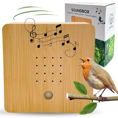 Lüttenburg Vogelgezwitscher Soundbox weiß mit Bambus Holz Front - Vogelgeräusche Musikbox mit Bewegungsmelder - klarer Sound Vogelgesang Spieluhr Vogel Badradio fürs Badezimmer Flur Wandhalterung