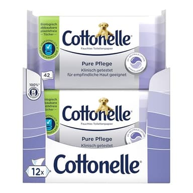 Cottonelle Feuchtes Toilettenpapier Pure Pflege, ultra-sensitive, 99% Wasser, 12 x 42 Tücher, parfümfrei & hypoallergen