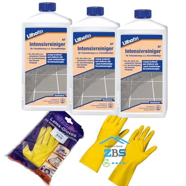 zbs24 Lithofin KF Intensivreiniger, Grundreiniger und regelmäßiger Unterhaltsreiniger, stark beanspruchter Flächen aus keramischen Fliesen und Feinsteinzeug, inkl. Latex Handschuhe Gr. 8 (3 Liter)