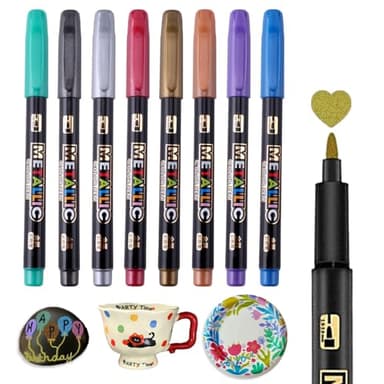 Caelura 8 Metallic Farben Porzellanstifte Spülmaschinenfest, Porzellanfarbe Spülmaschinenfest für Keramik Bemalen, Glasmalstifte, Keramik Stifte für Glas Stein Tassen Porzellan Bemalen