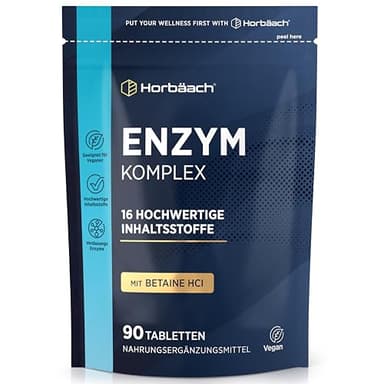Verdauungsenzyme | Enzym Komplex Amylase, Protease, Laktase, Lipase und Cellulase | Betain HCl | 90 vegane Tabletten | Digestive Enzymes | Horbaach