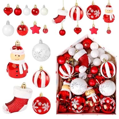 72er Pack Weihnachtskugeln rot, Christbaumkugeln Kunststoff in Rot und Weiß, Klassische Christbaumschmuck rot, bruchsicher, Weihnachtsbaumschmuck für drinnen und draußen