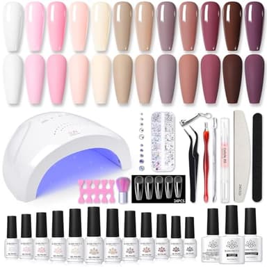 BORN PRETTY 47PCS Gelnägel Starterset Nagelset Nudefarben Weiß Rosa 48W LED Lampe UV Nagellack Set mit UV Lampe Starterset Top Coat Base Gel Gelnägel Maniküre Set Komplett