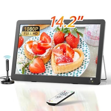 DESOBRY 14.2 Zoll Tragbare Fernseher, 1080P wiederaufladbare mit DVB-T2-Tuner, Outdoor-TV-Unterstützung HDMI/USB/AV-Eingang, 12v für Wohnmobil/Camping