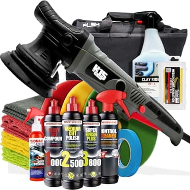 Auto Politur Bundle: PLSH H15 Poliermaschine + Menzerna Polituren 250ml + Garage Freaks Polierpads + ValetPRO Reinigungsknete + ValetPRO Clay Rider 500ml + SONAX Quick Detailer + detailmate Mikrofaser