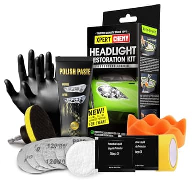 XPERTCHEMY Scheinwerfer Aufbereitung Set, Scheinwerfer Polierset Kit Entfernung Schwerer Gelbwärbung, Trübung und Flecken, Die Helligkeit der Scheinwerfer wiederherstellen, Headlight Restoration Kit